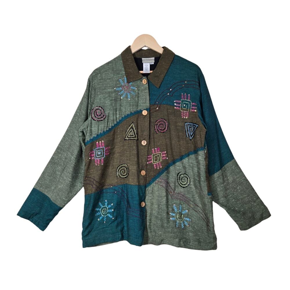 Y2K Coldwater Creek Art Jacket L Green Embroidered Beaded Sequins Patchwork Boho